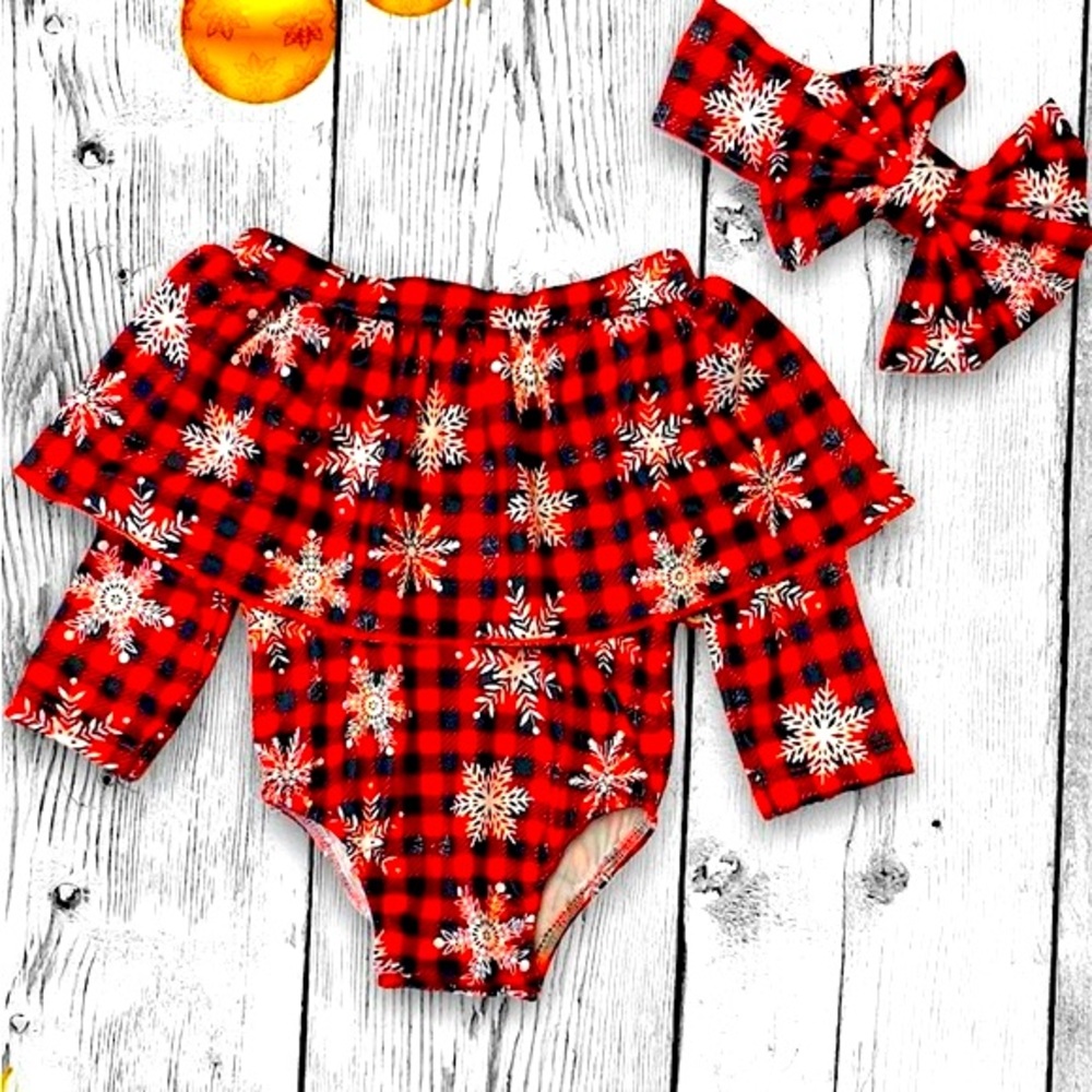 NEW Snowflake & Plaid Onesie with Matching Headband / 18-24 Months